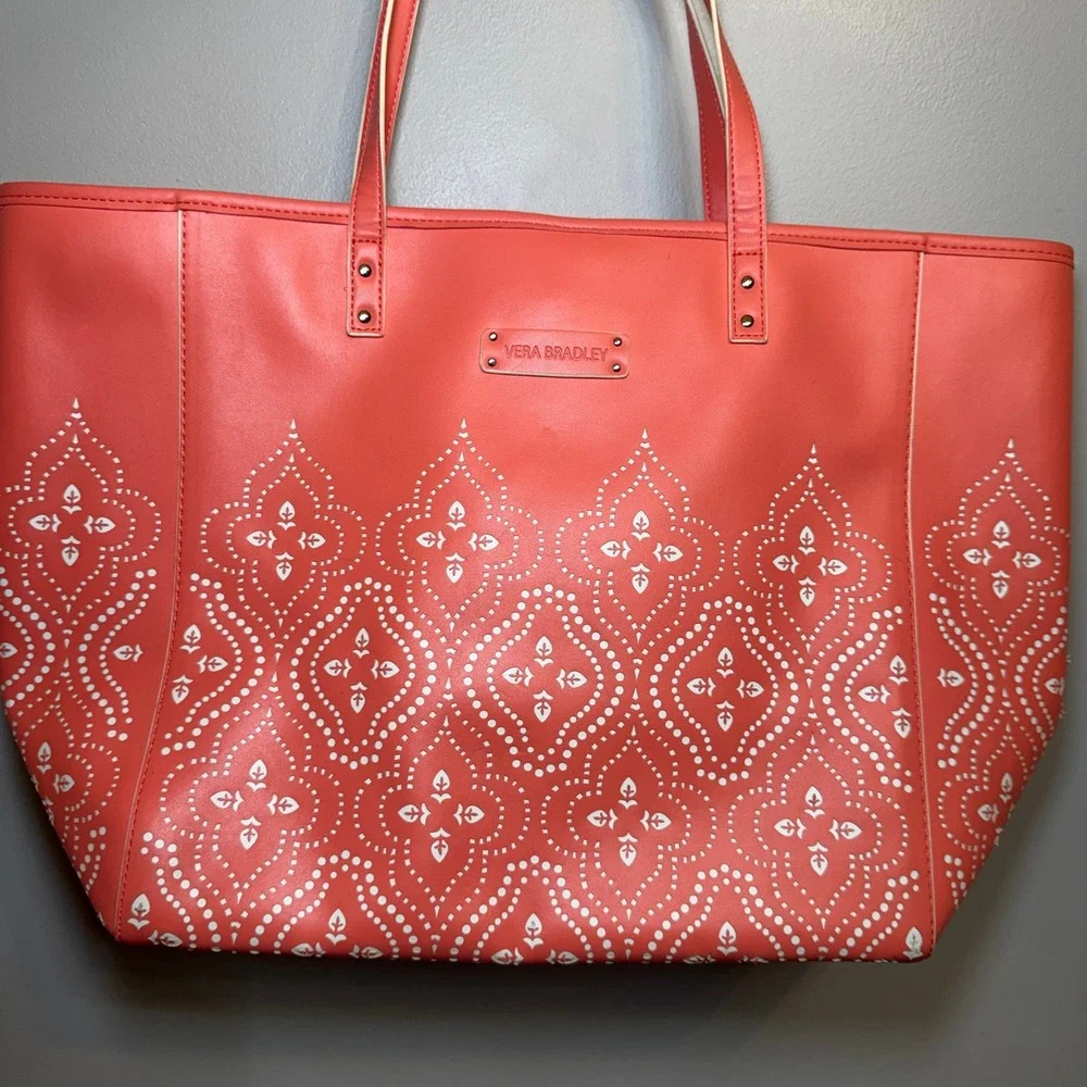 Vera Bradley Coral Pink Laser Cut Medallion Faux Leather Tote Shoulder Bag
